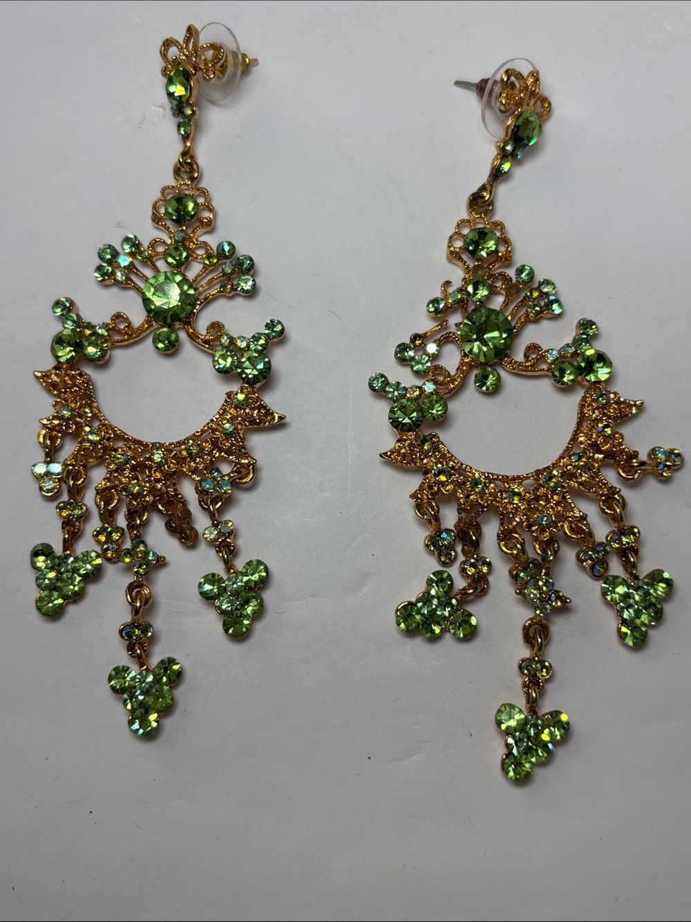 Vintage 3” Chandelier Green Glass Earrings